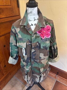 Josie Bruno Womens Camo Utility Jacket with Pink Floral Applique